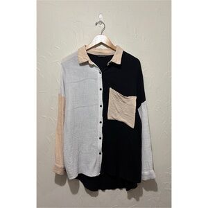 Dokotoo colorblock gauzey knit oversized full button-up shirt (medium)
